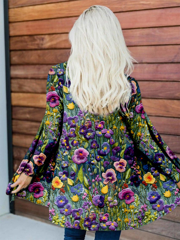Violet Wildflower Embroidery Art Flowy Cozy Cardigan artswardrobe