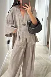 Women's V-neck button cotton and linen casual suit
