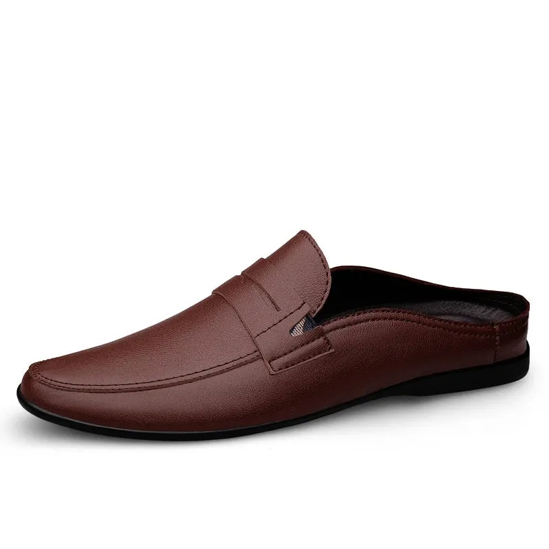 Summer New Men's Shoes Casual Half Shoes For Men Brand Loafers Leather Half Slipper Breathable Slip on Lazy Driving Shoes Men