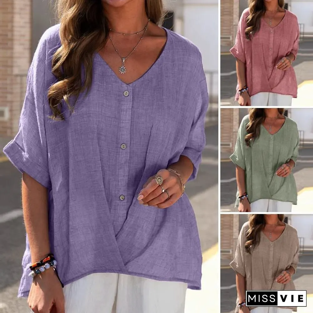 Women's Short Sleeve V-neck Solid Color Buttons Casual Tops