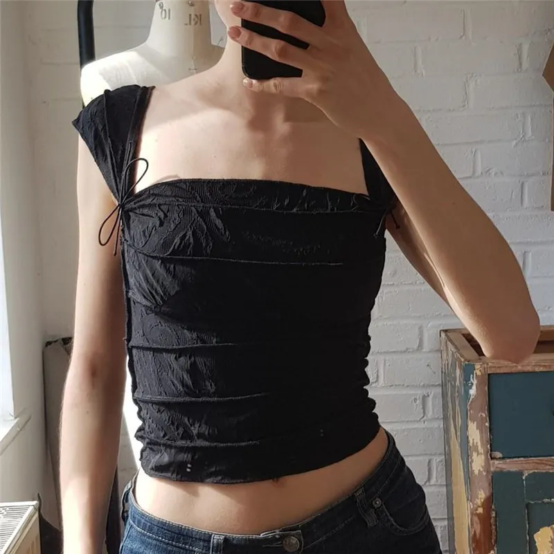 Uveng Uveng Summer Fashion Sexy Crop Square Collar Stripe Pleated Slim Short Sleeveless Vest