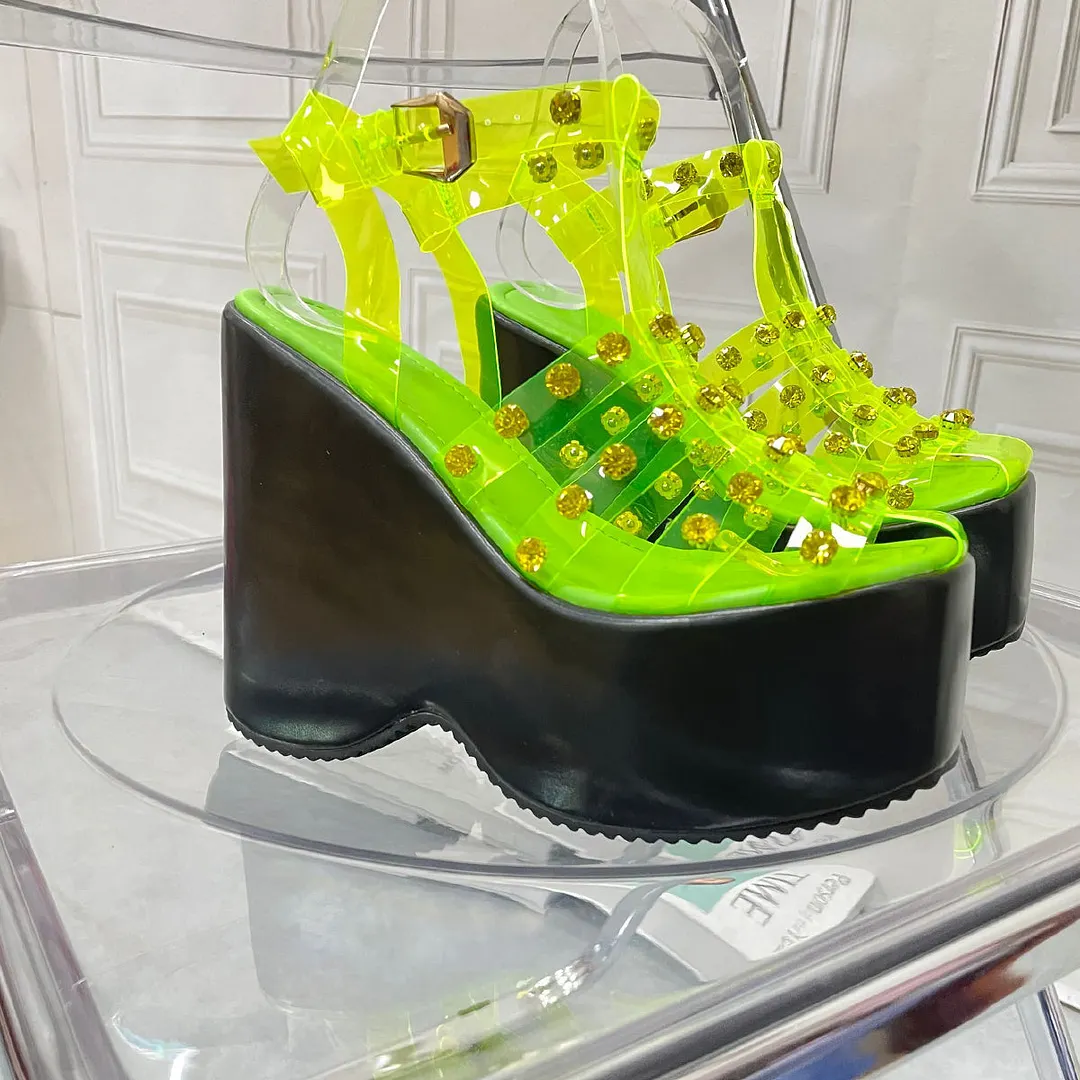 Women Sandals High Heels Rhinestone Fashion Sandals Wedge Platform Fluorescent Green Plus Size Heel Sandals