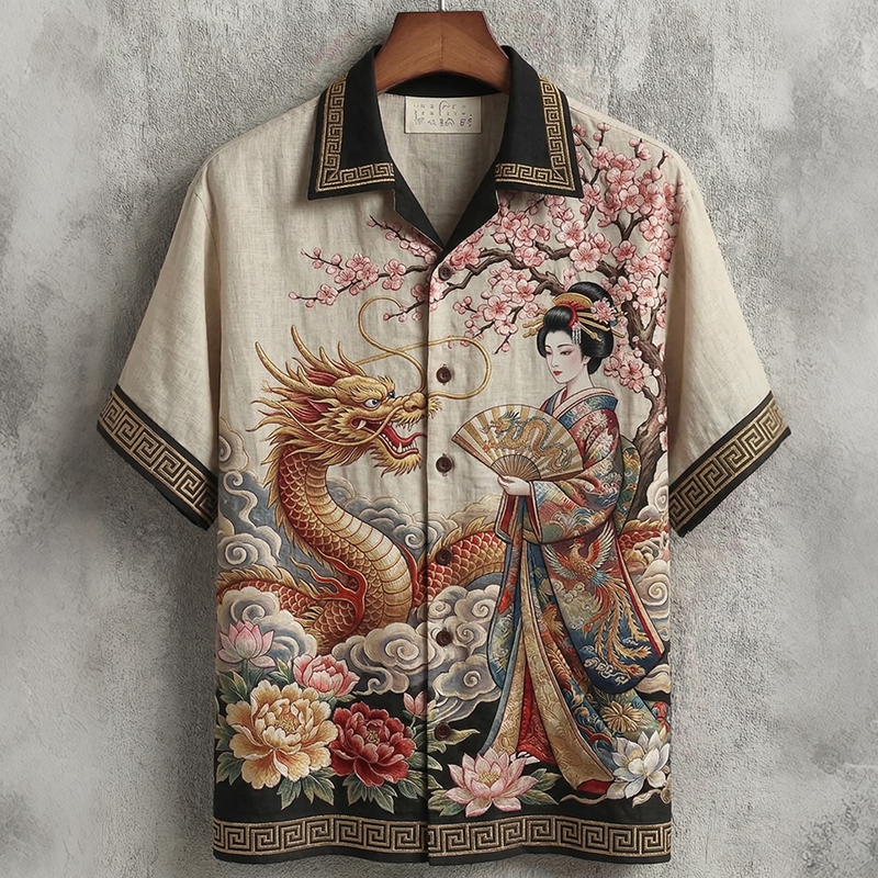 Vintage Elegant Japanese Geisha And Dragon Art Printed Short-sleeve Shirt elevenforest