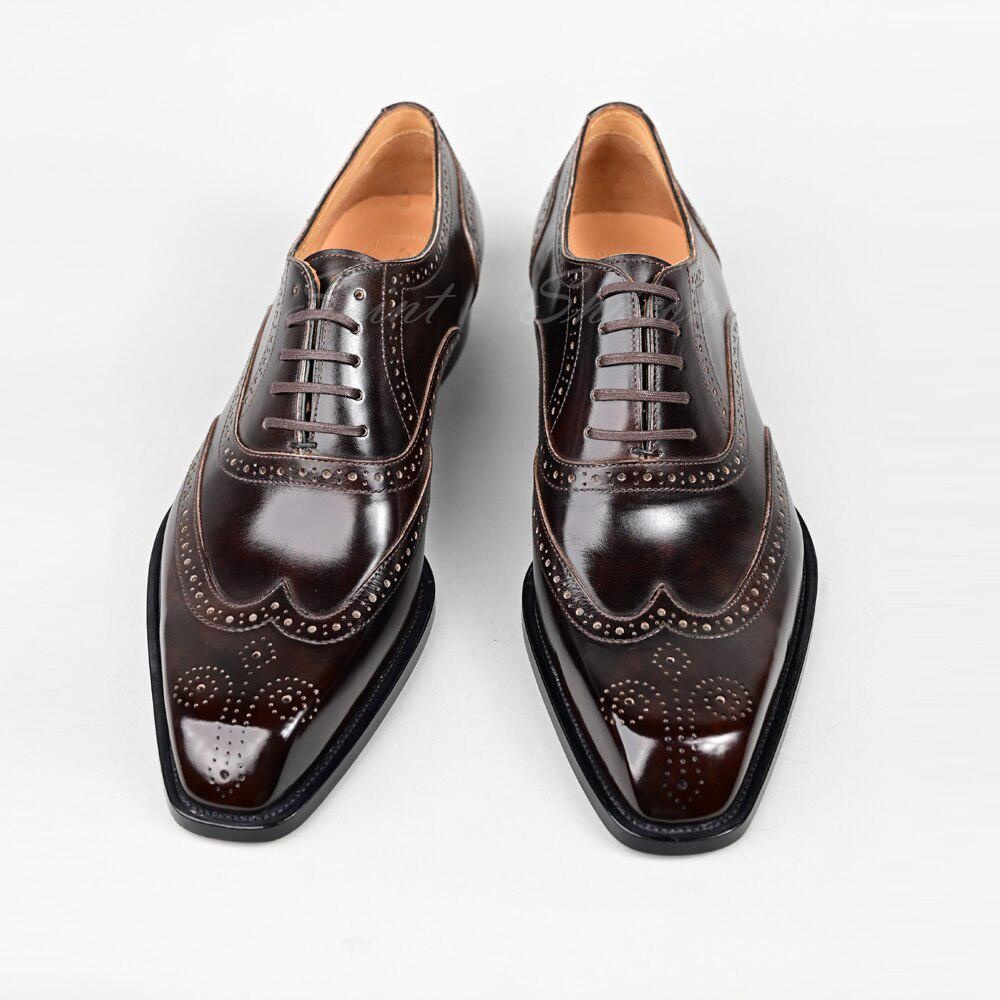 Leather Shoes Men's Oxford Wingtip Dress Shoes Office Wedding Goodyear Pure Hand Shoes