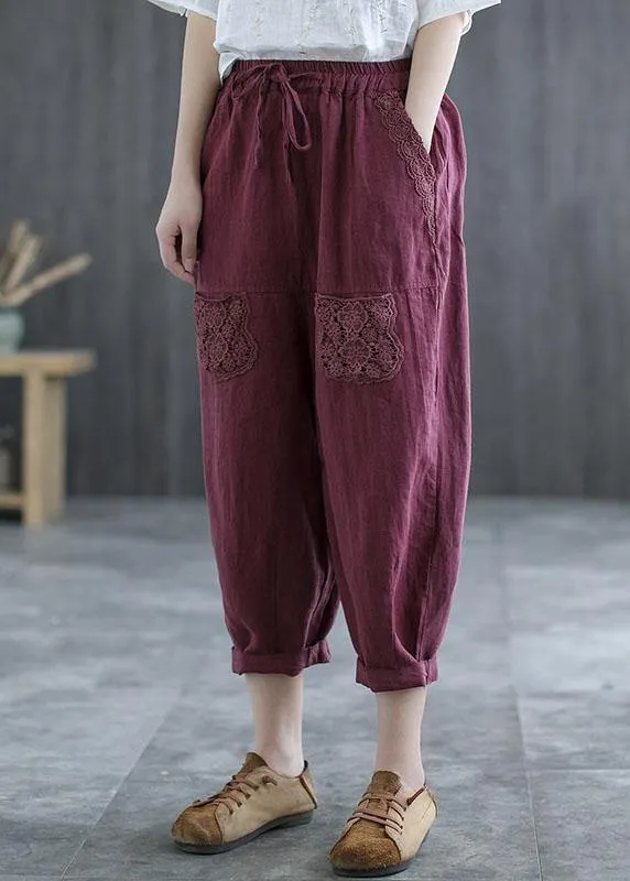 Boutique Mulberry Embroidered Harem Crop Summer Linen Harem Pants