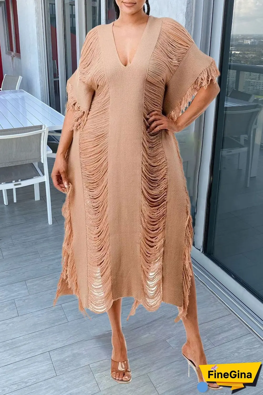 White Sexy Solid Tassel Hollowed Out Patchwork V Neck Beach Dress Two Pieces Set