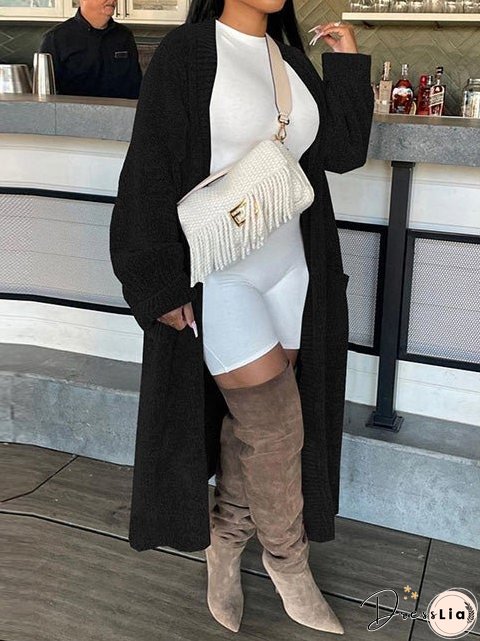 Women's Cardigans Solid Pocket Long Sleeve Long Knit Cardigan