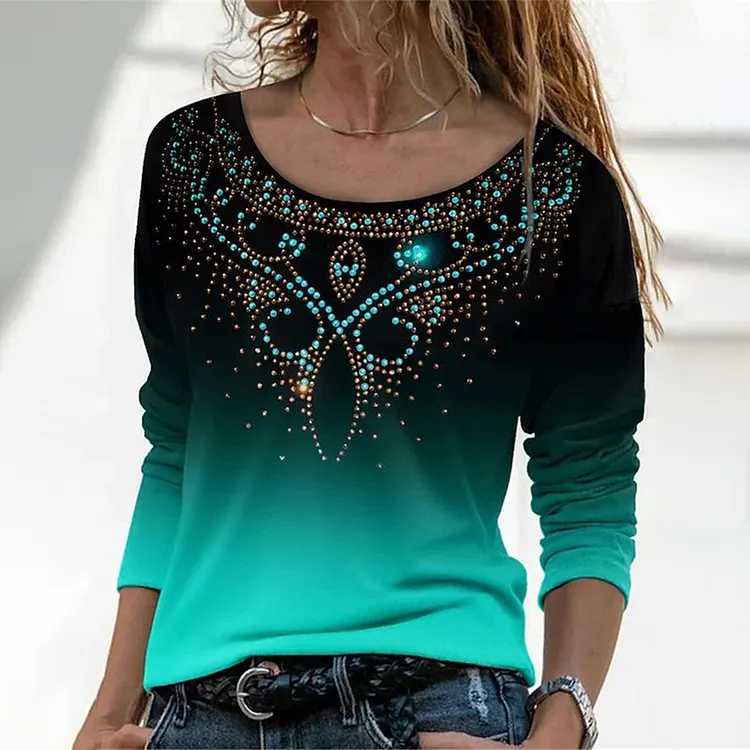 Western Gradient Print Round Neck Long Sleeve T-Shirt