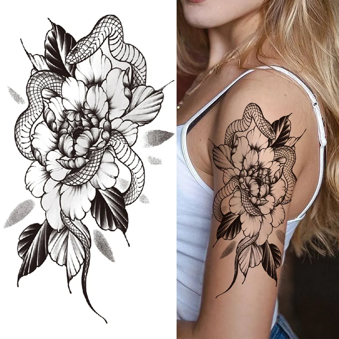 3D Snake Rose Temporary Tattoos For Women Girls Fake Flower Tattoo Sticker Black Death Eaters Dark Mark Mamba Snake Peony Tatoos 515-1