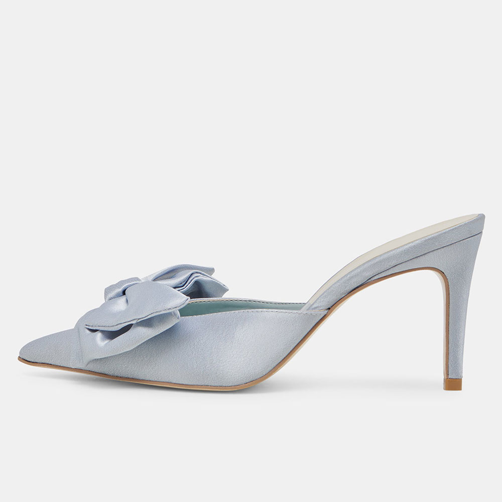 Elegant Light Blue Satin Pointed-Toe Bow Embellished Mule Heels