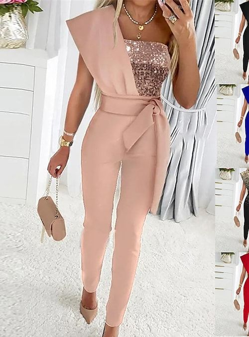 Lussooy Pink One Shoulder Cocktail Chic Jumpsuit 
