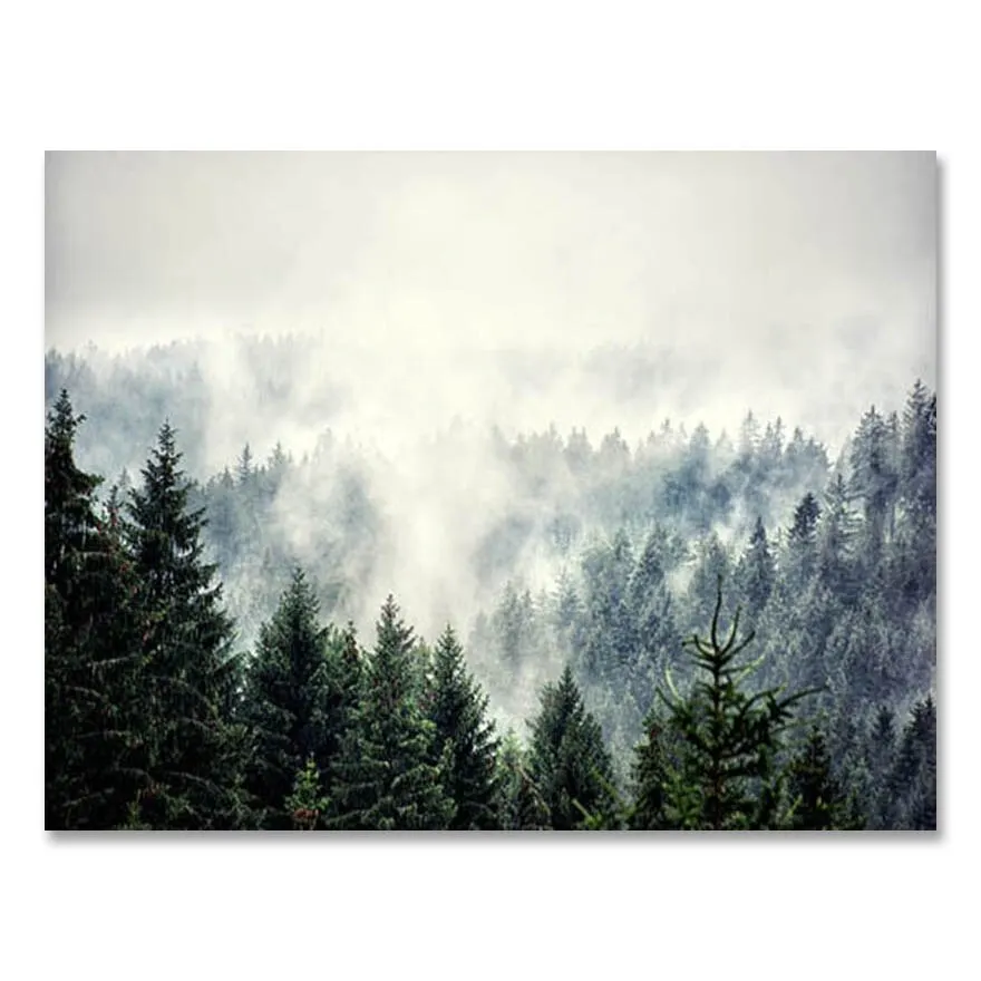 Nordic Fog Forest Deer Animal Canvas Wall Art Print Painting Mountain Lake Landscape Poster Nature Decorative Picture Home