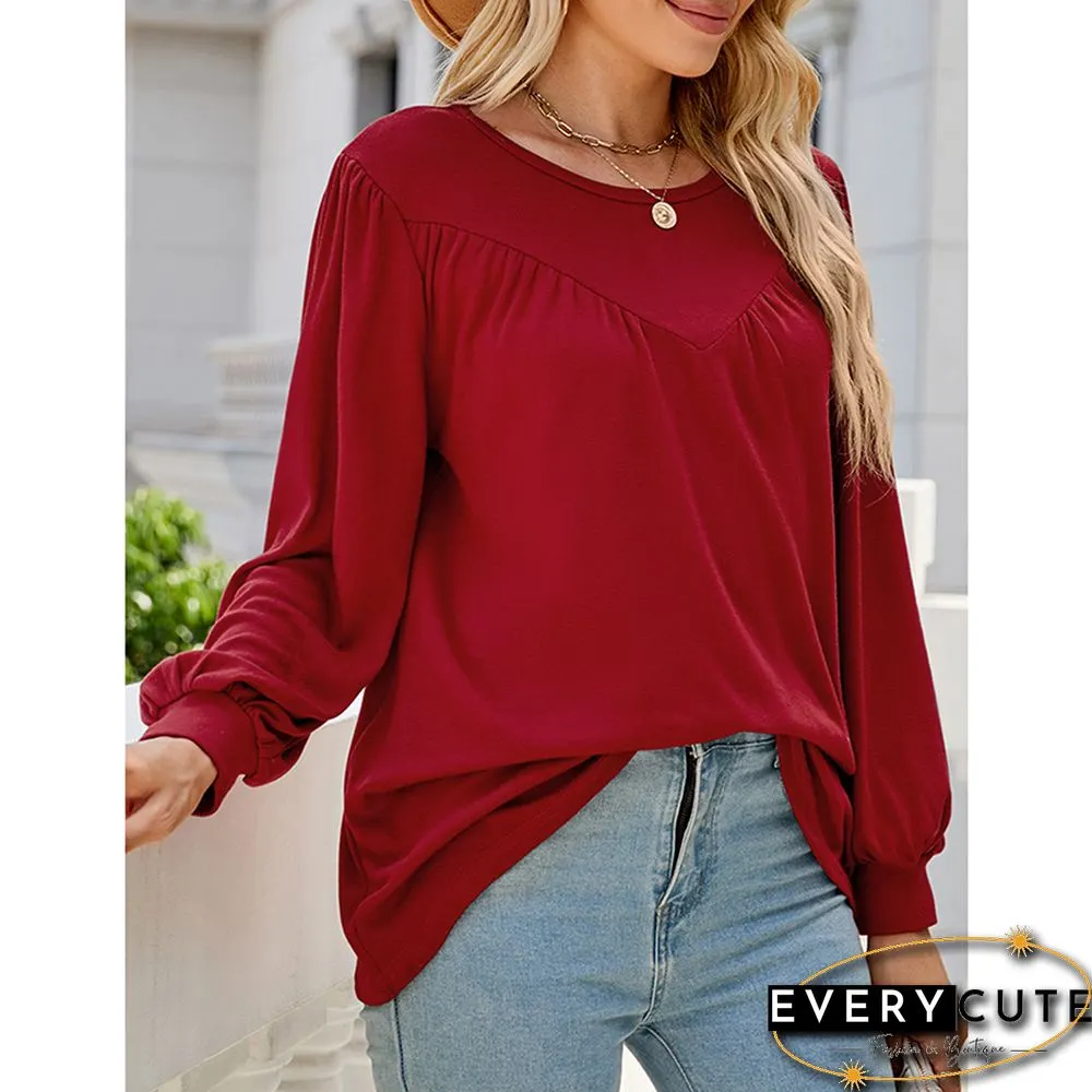 Red Crew Neck Pleated Puff Sleeve Tops
