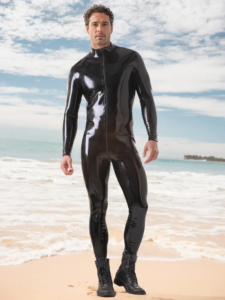 Men Latex Catsuits Classic Two-Way Front Zip