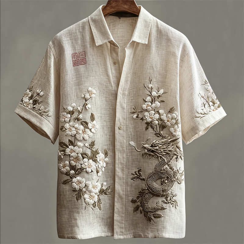 Dragon & White Flowers Japanese Art Linen Shirt elevenforest