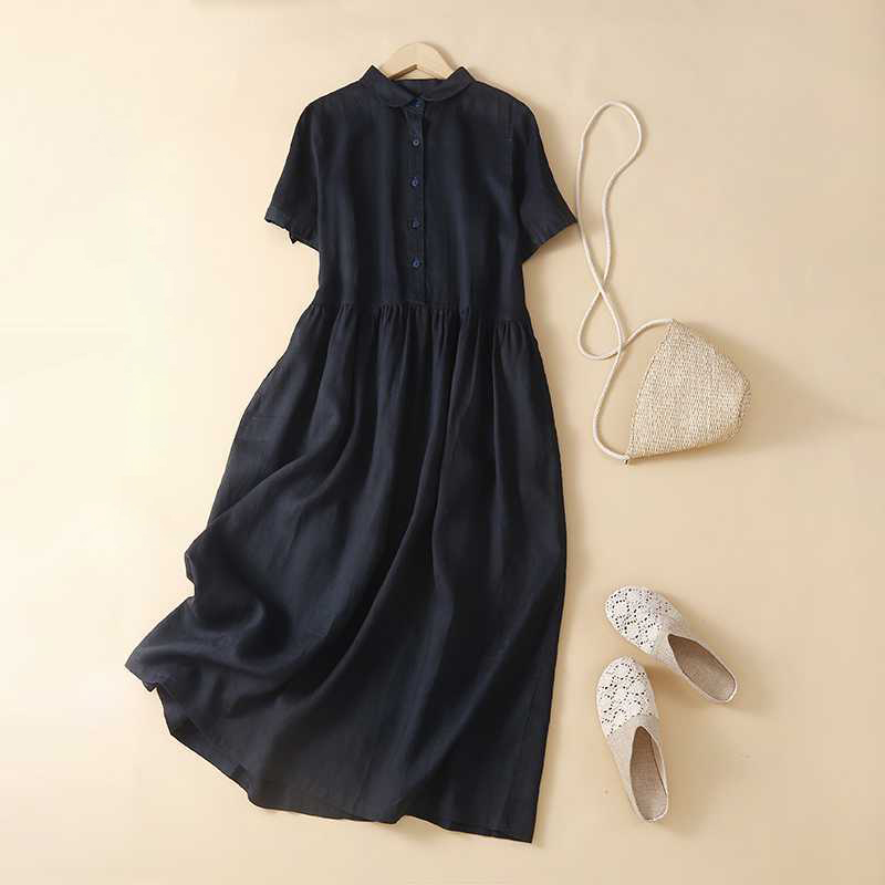 Women's Solid Color Linen Blend Lapel Dress elevenforest