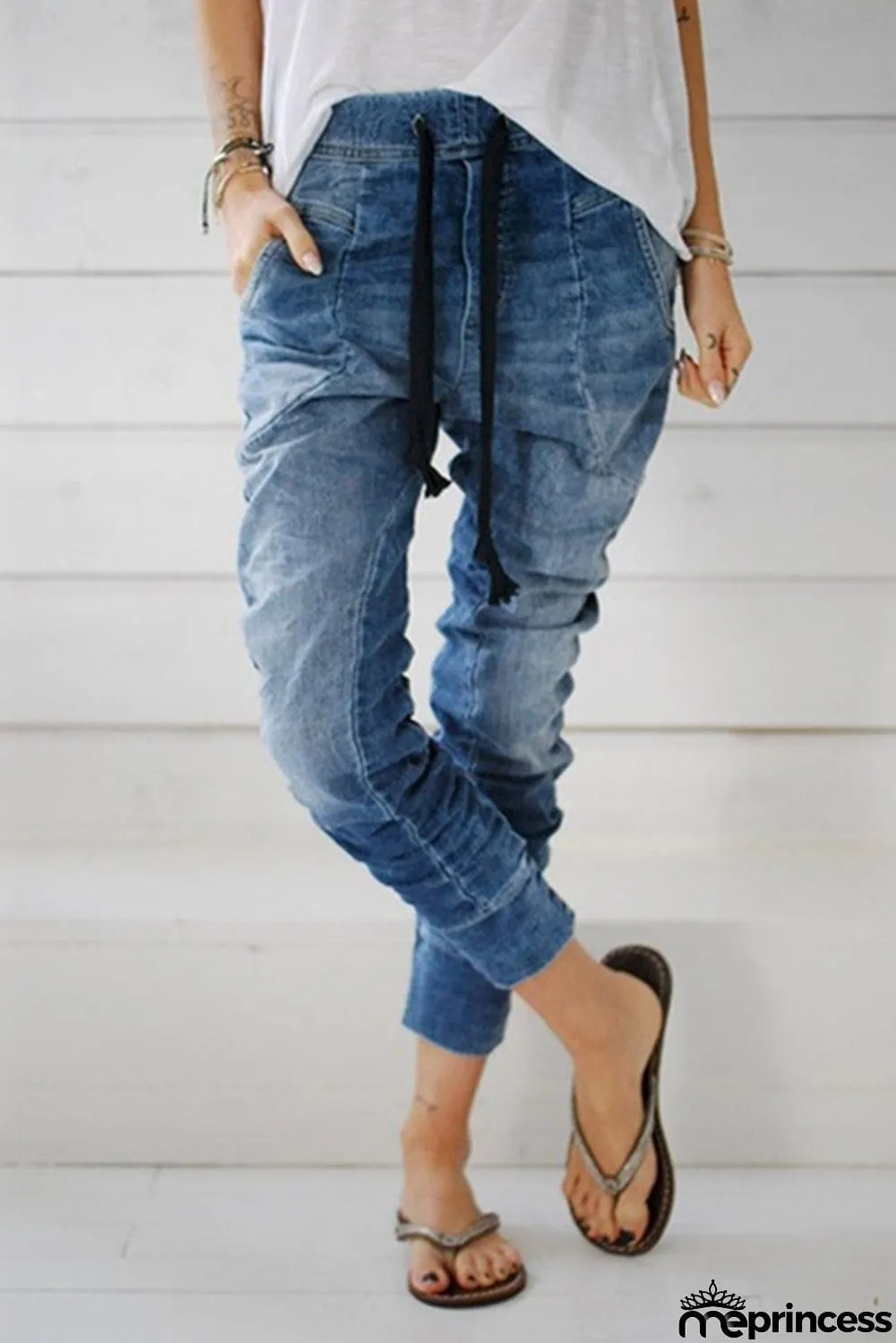 Dark Blue Drawstring Elastic Waist Jogger Jeans
