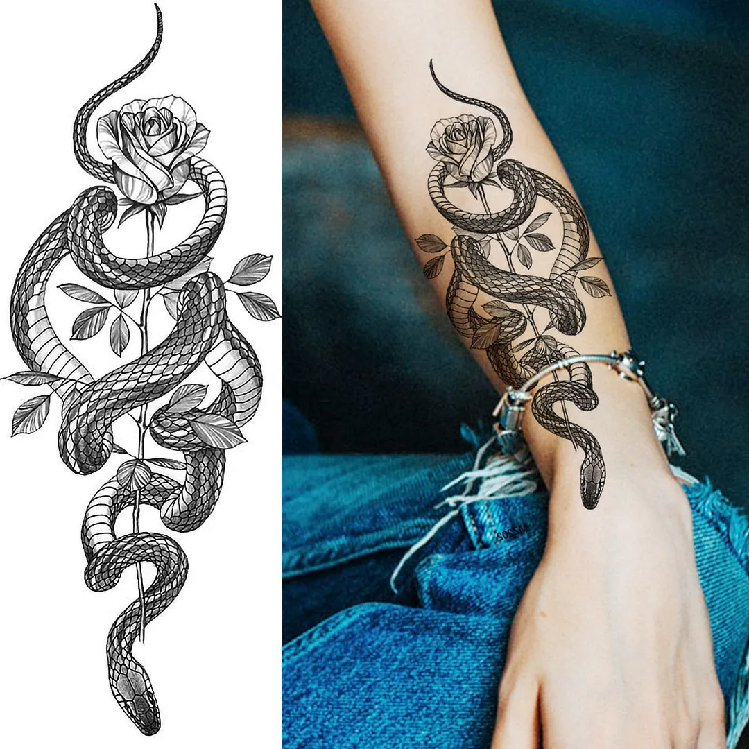 Black Rose Flower Snake Temporary Tattoos For Women Adult Peony Serpent Fake Tattoo Forearm Body Art Painting Waterproof Tatoos