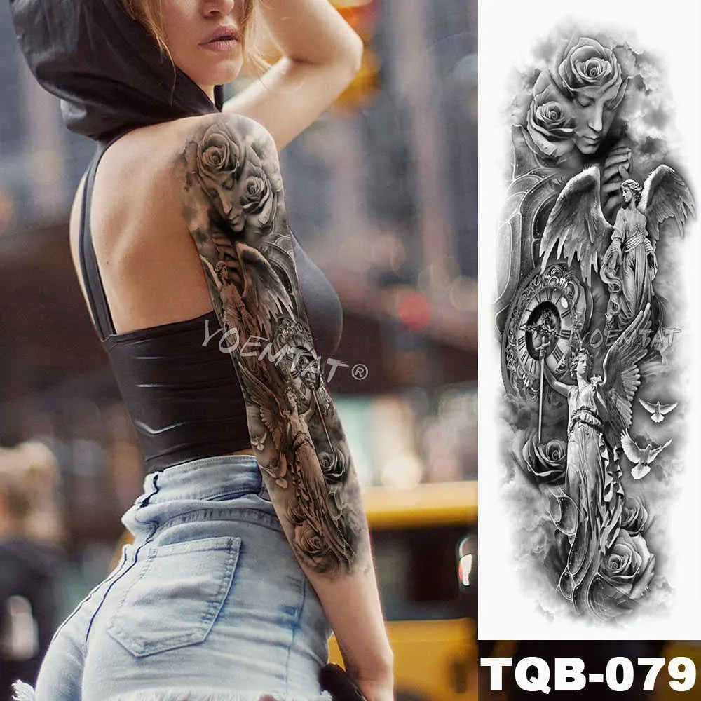 Large Arm Sleeve Tattoo Sketch Lion Tiger Waterproof Temporary Tattoo Sticker Crow Warrior Soldier Men Full Skull Totem Tattoo