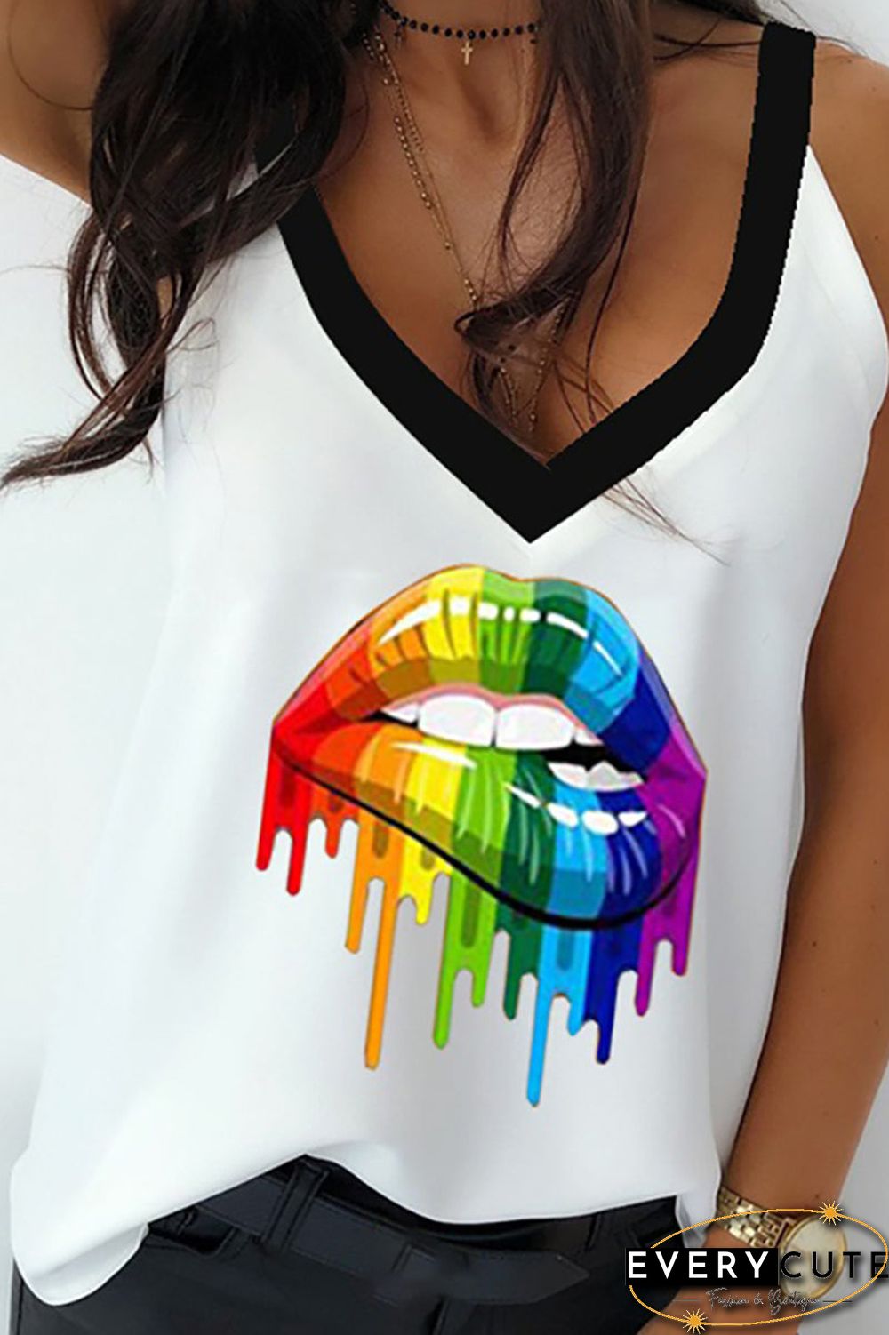Lip Printed Deep V-Neck Tank Top