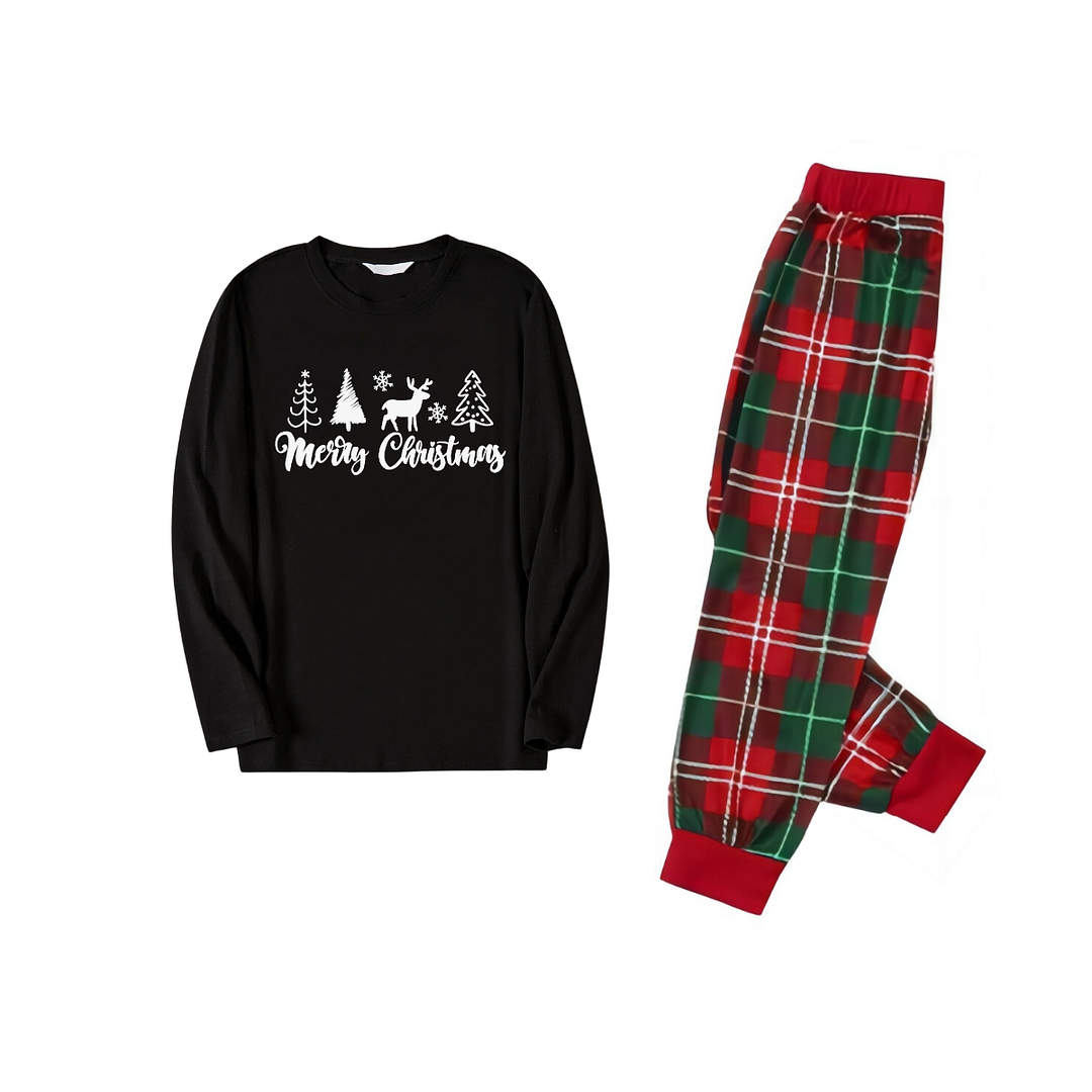 Merry Chirstmas Text Pattern Red and Green Plaid Family Matching Pajamas