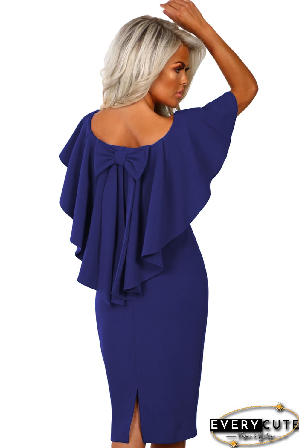 Royal Blue Bow Poncho Overlay Bardot Midi Dress