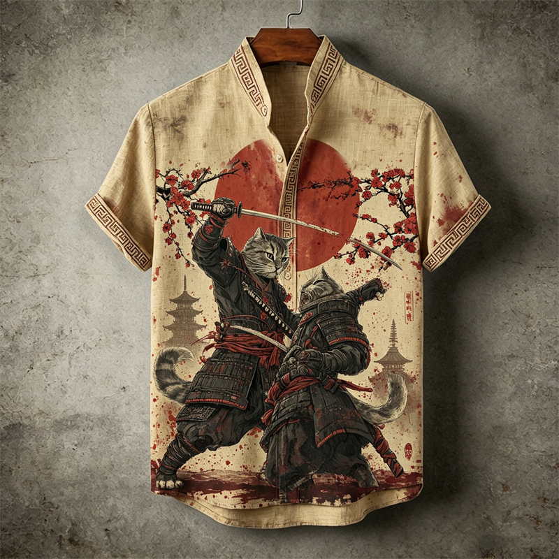 Men's Cats Samurai Duel Plum Blossom Bloody Linen Shirt elevenforest