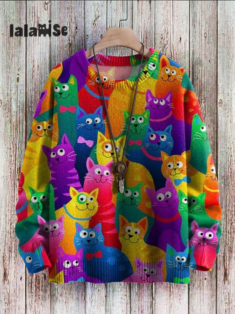 Multicolored Funny Cats Art Pattern Print Casual Knit Pullover Sweater Multicolor / S