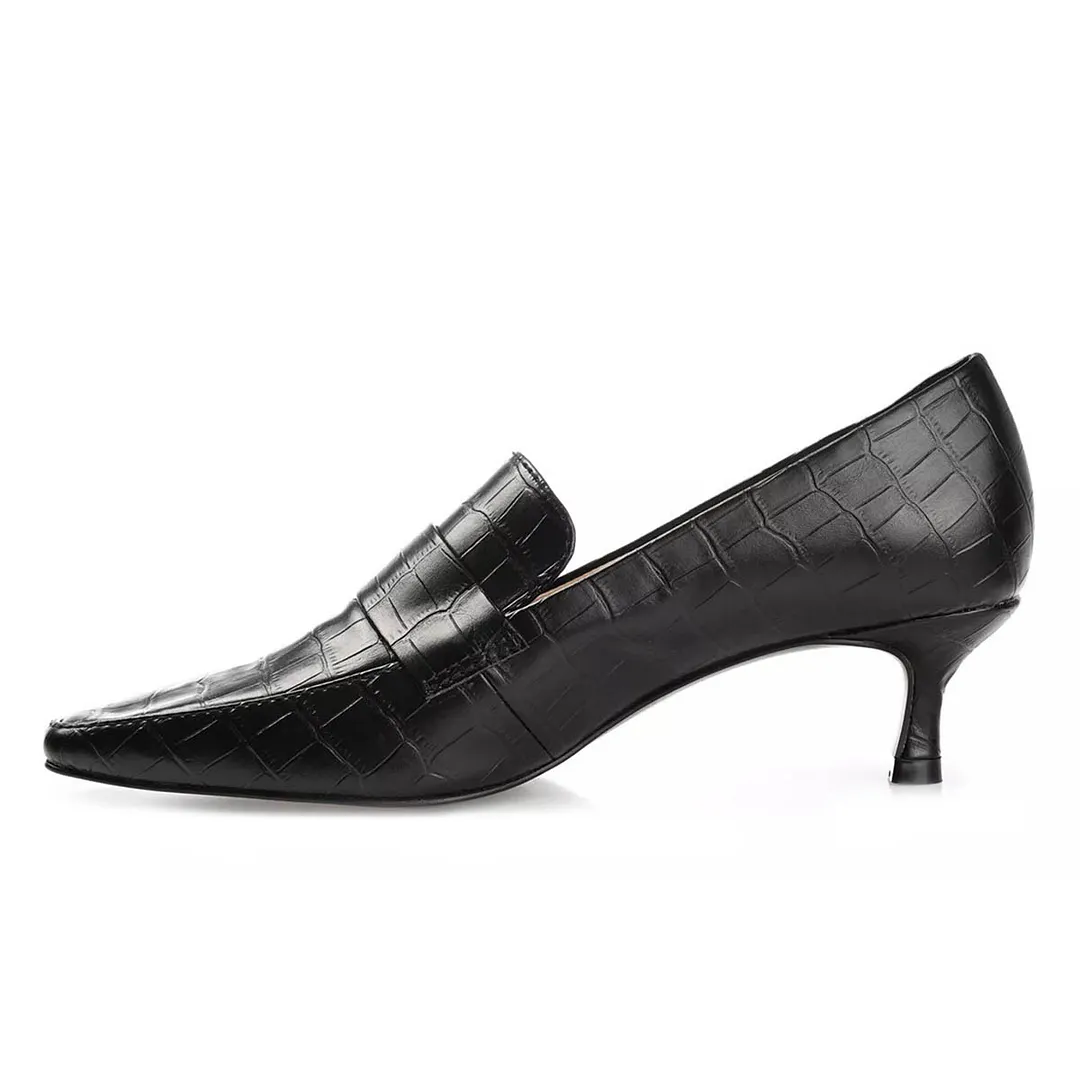 Classic Black Square Toe Crocodile Embossed Kitten Heeled Loafers