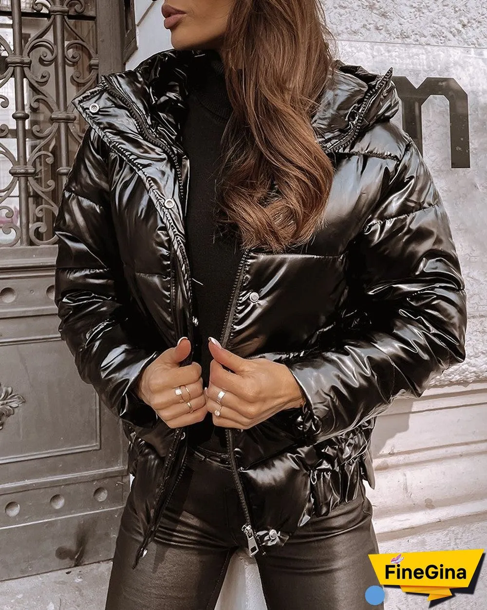 Zipper Front Long Sleeve Hooded Puffer Coat