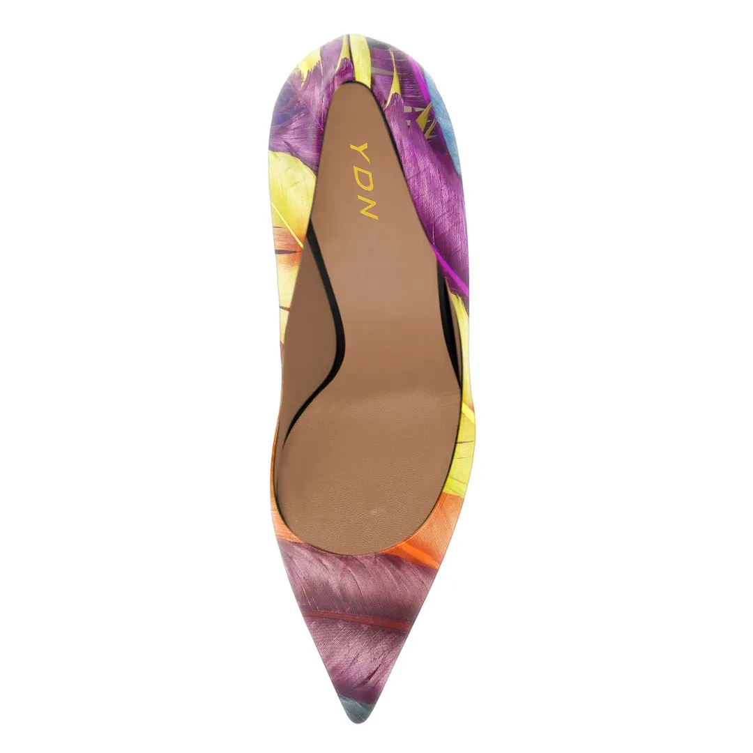 Eye-Catching Colorful Feather Vegan Leather Pumps for Elegant Ladies