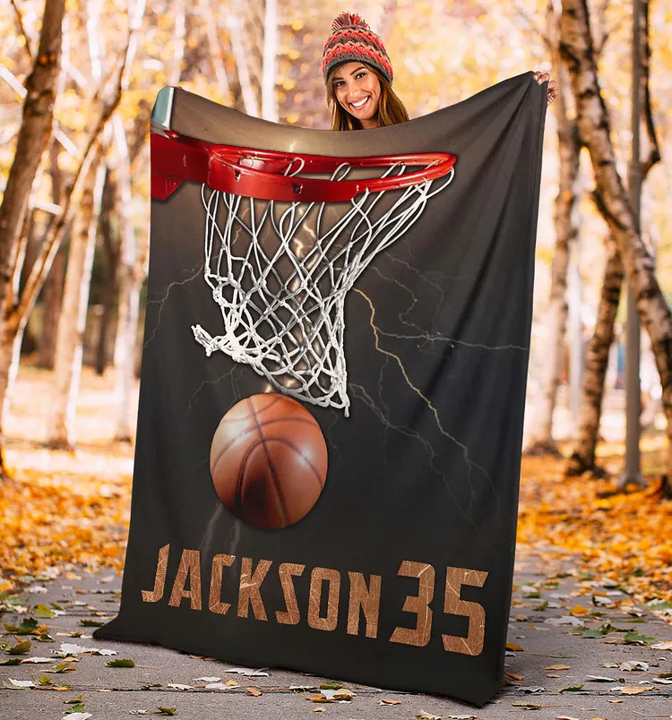 Basketball Boy Sherpa Fleece Blanket, Custom Name Number Soft Cozy Blanket | BKKid697