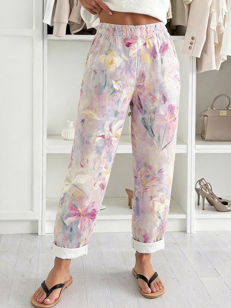 Vintage Lily Flowers Art Pattern Comfy Linen Pants elevenforest