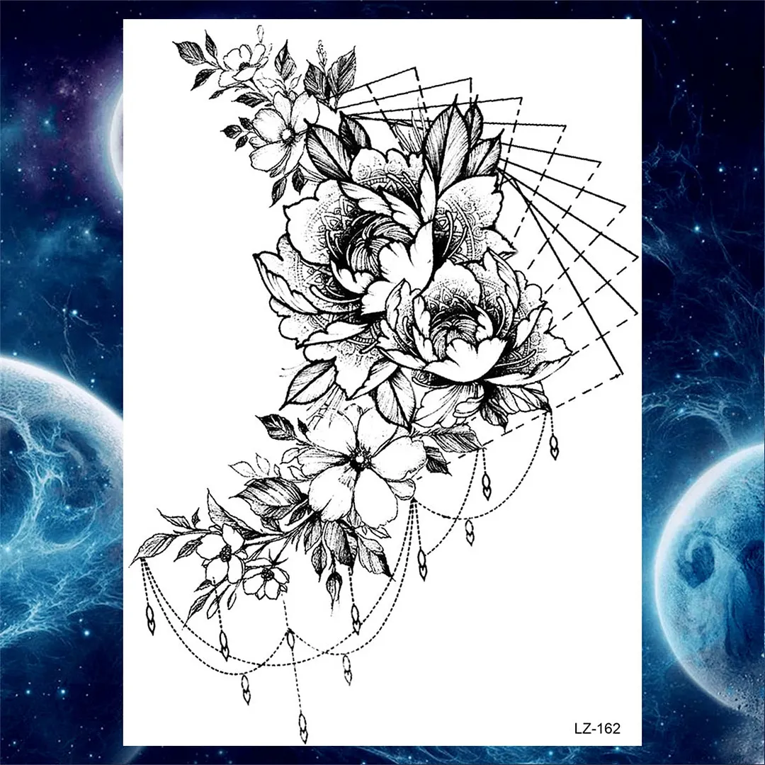 Black Rose Flower Temporary Tattoos For Women Girls Floral Peony Tattoo Sticker Dahlia Fake Anemone 3D Arm Tatoos Self Adhesive