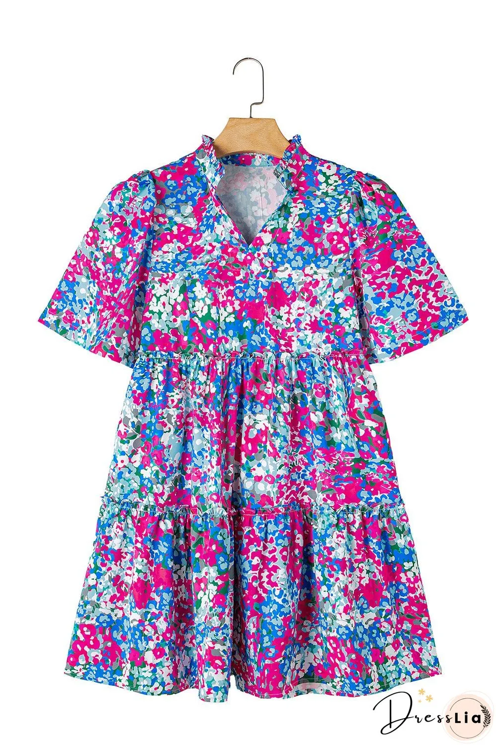 Multicolour Floral Short Sleeve V Neck Tiered Mini Dress