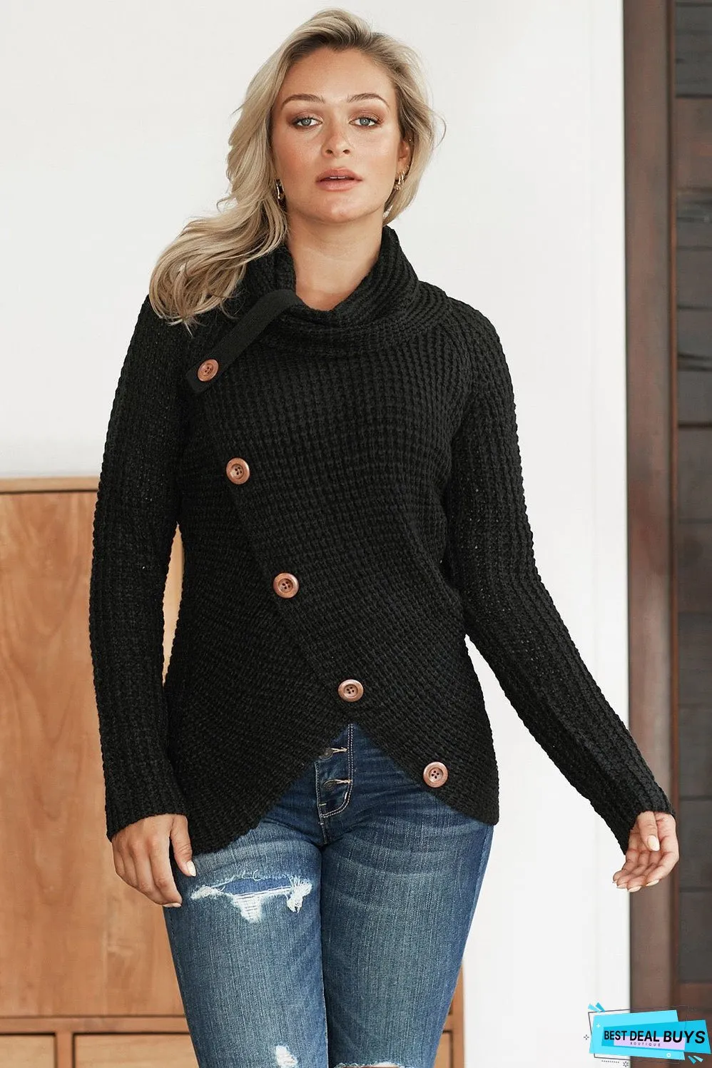 Black Buttoned Wrap Turtleneck Sweater