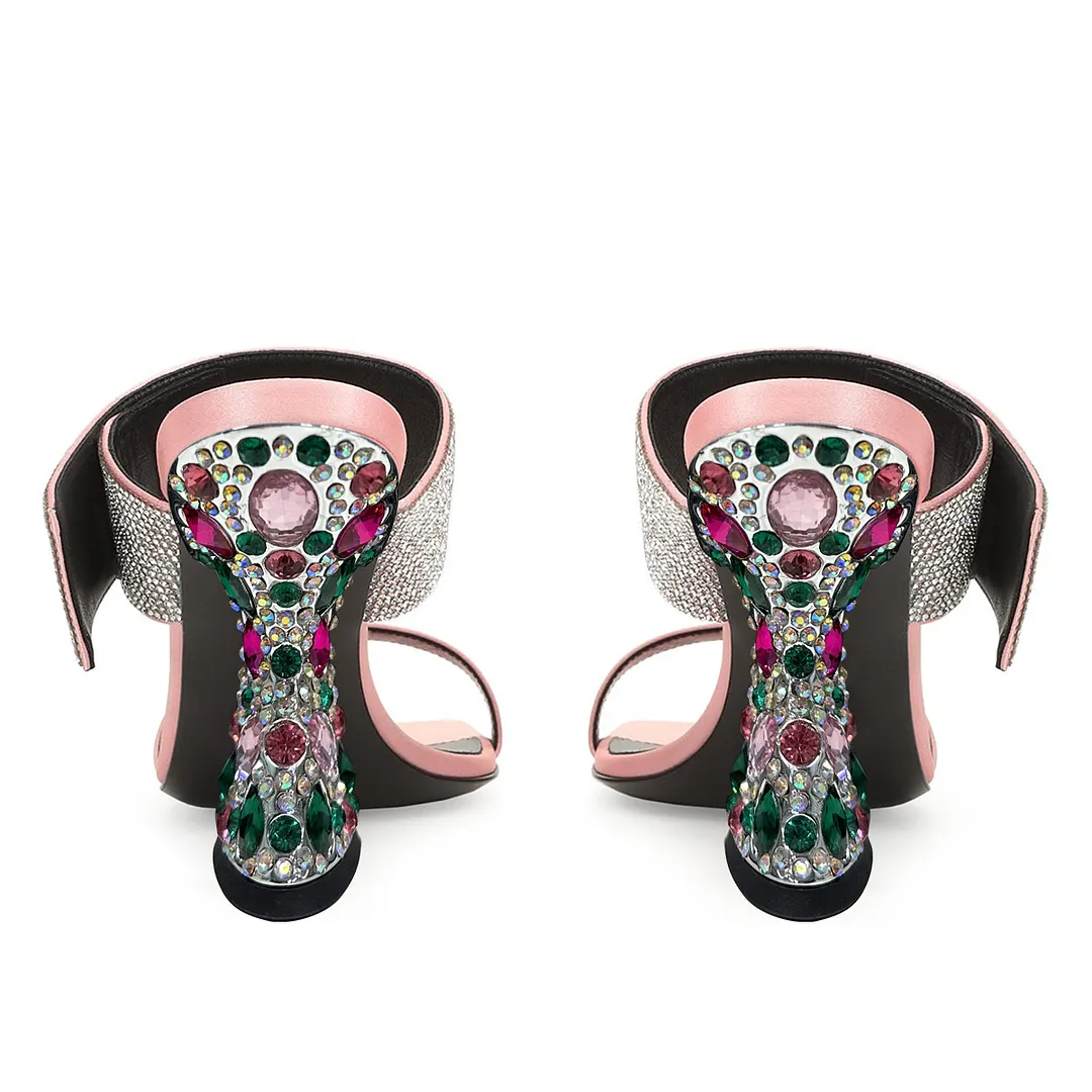 Satin Rhinestone Embellished Band Decorative Heel Mules in Pink