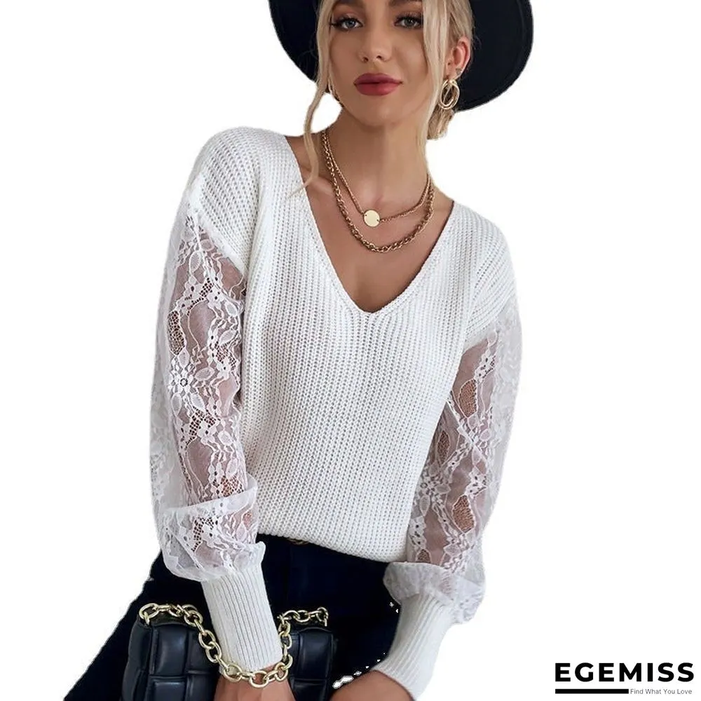 Lace Stitched Sweater Pullover White V-Neck Knit Bottomed Shirt | EGEMISS