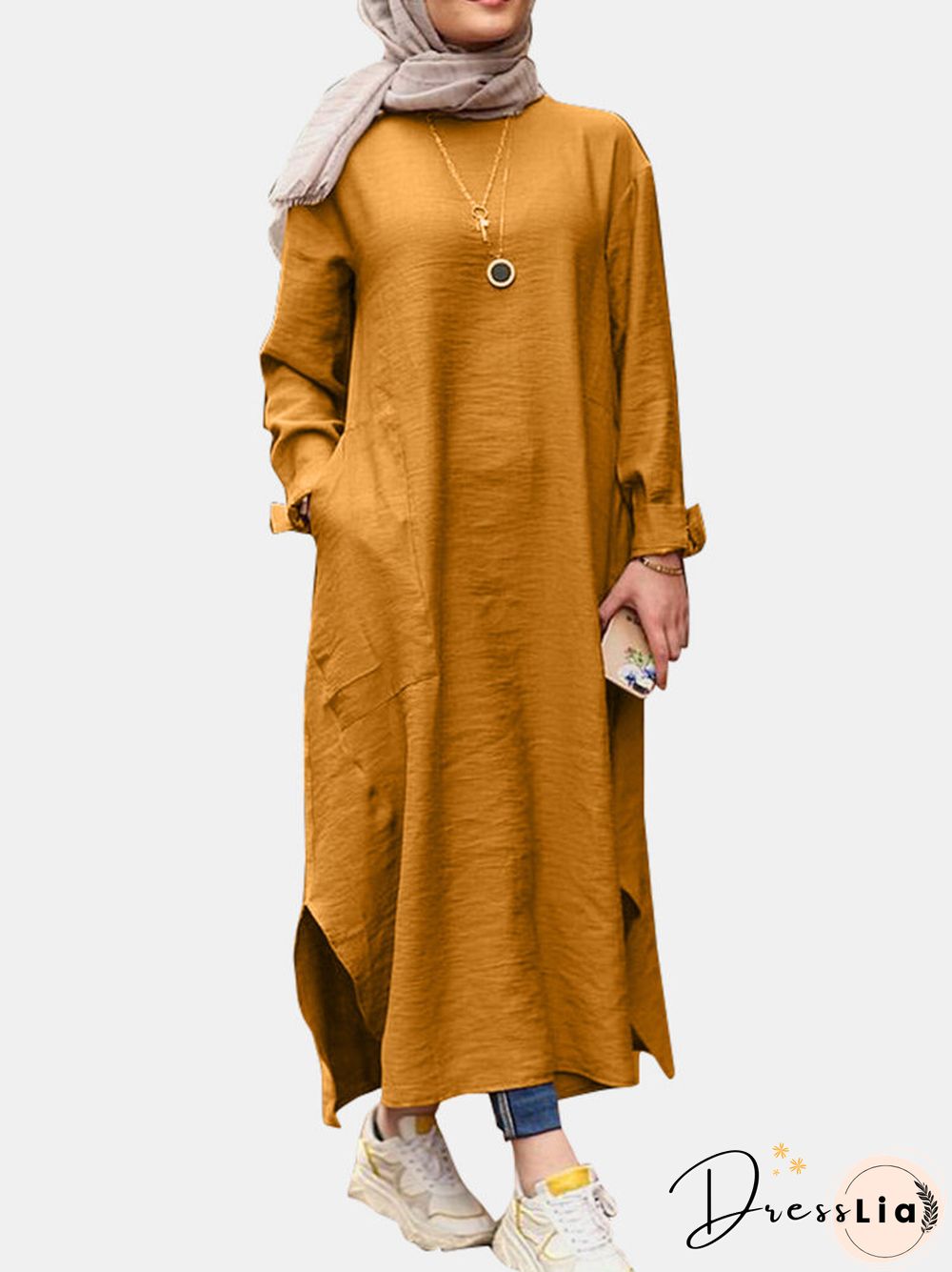 Casual Solid Color Side Split Pockets Long Sleeve Dress