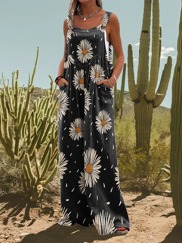 Women's Vintage Flower Daisy Print Casual Strap Wide Leg Pants