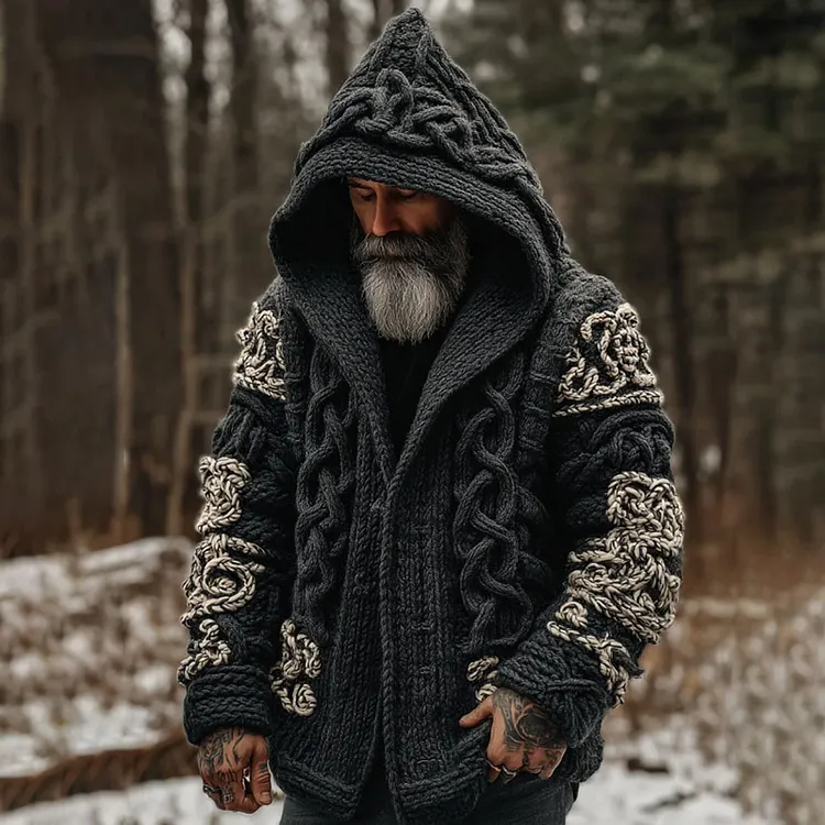 Men's Viking Celtic Knot Contrast Color Block Button Cozy Cardigan Sweater