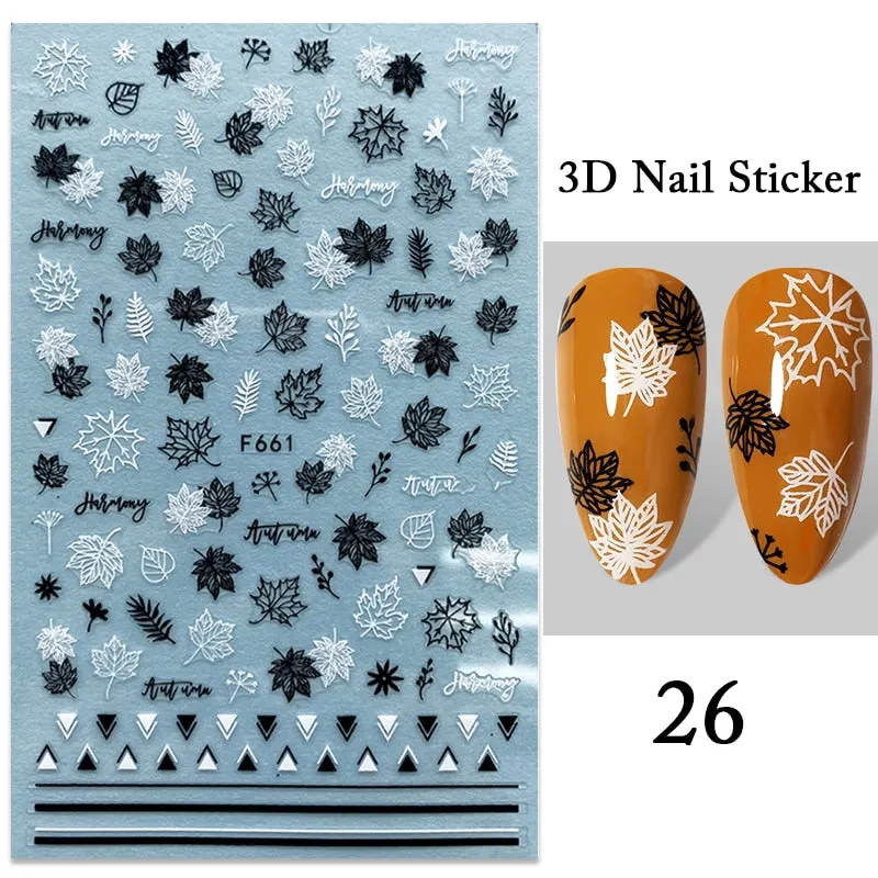1PC iridescent Gold Black White 3D Nail Sticker Leaves Geometric Tropical Beach Decals DIY Slider Decoration Manicures-Nail Inspo