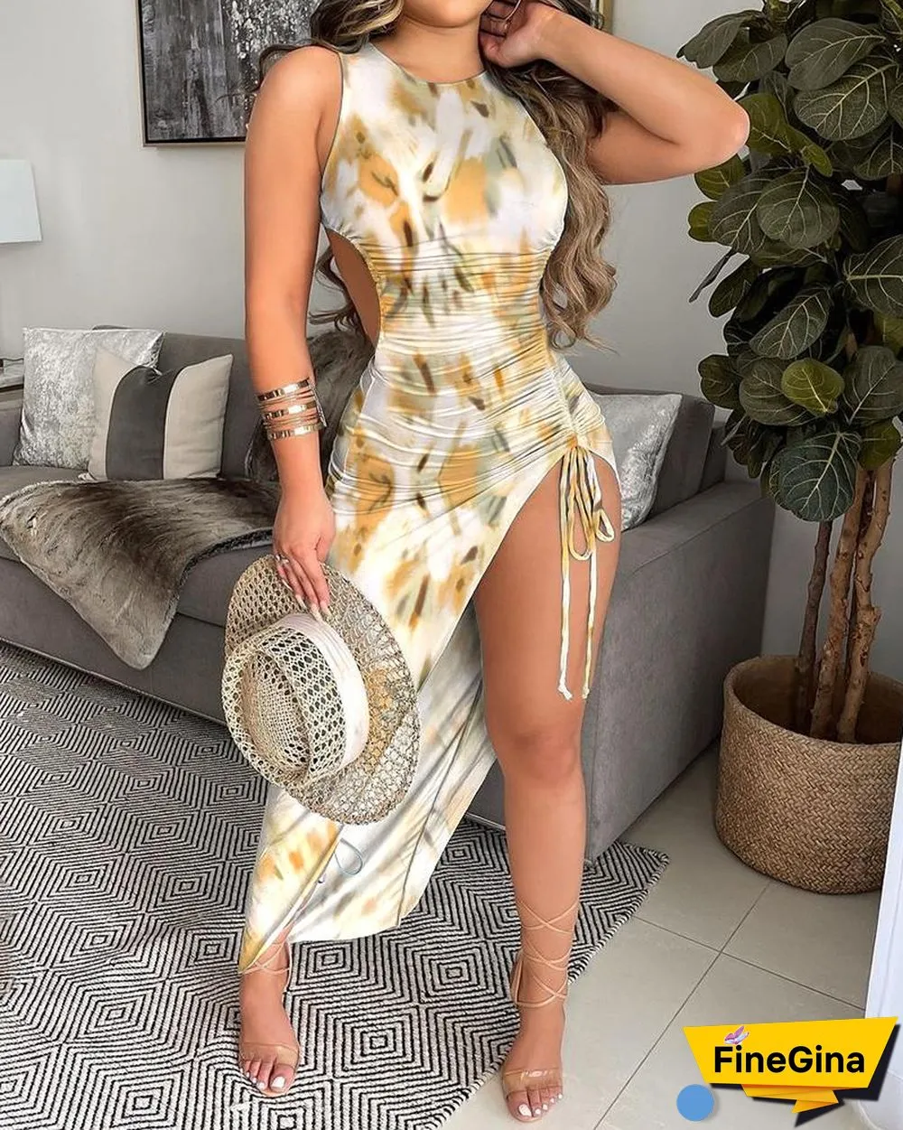 All Over Print Drawstring Ruched Slit Thigh Tank Dress