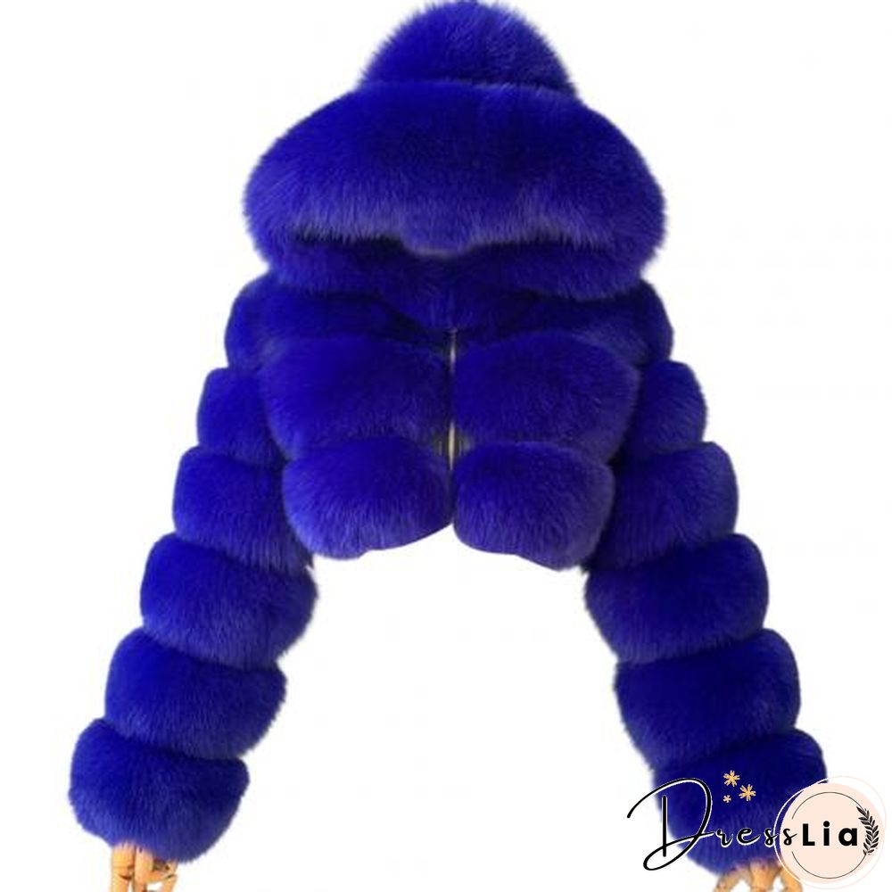 Plus size Women Jacket Fashion Autumn Winter Faux Fur Cropped Coat Fluffy Zip Hooded Warm Short Jacket