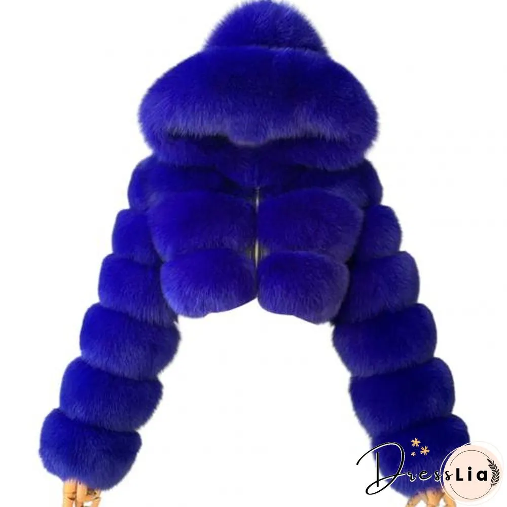 Plus size Women Jacket Fashion Autumn Winter Faux Fur Cropped Coat Fluffy Zip Hooded Warm Short Jacket