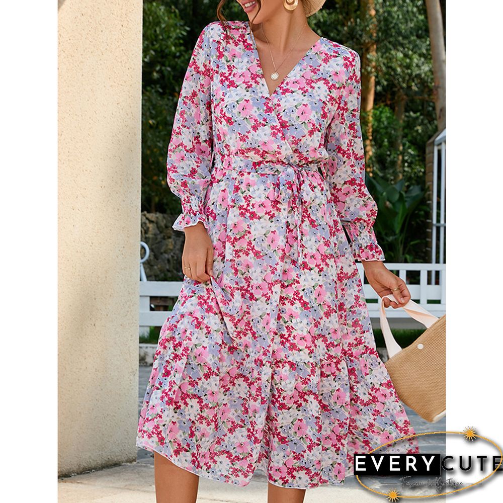 Multicolor V Neck Tie Waist Long Sleeve Floral Dress