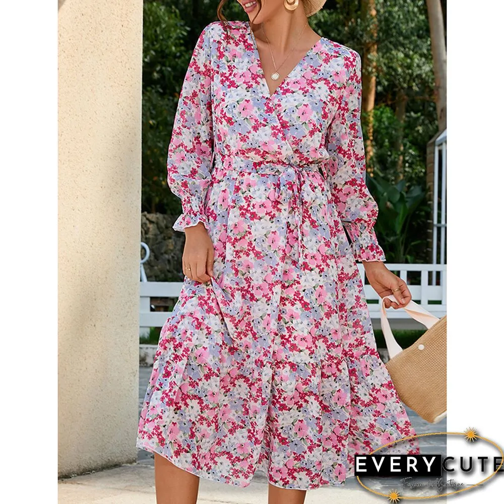 Multicolor V Neck Tie Waist Long Sleeve Floral Dress
