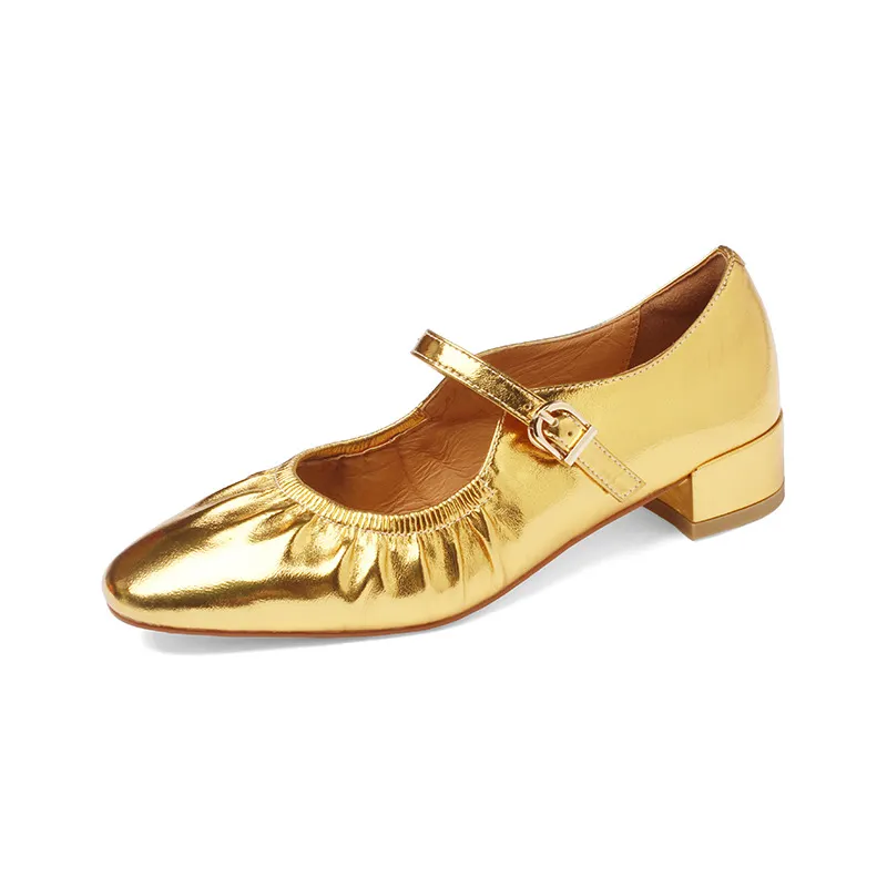 Churchf Churchf Crowd Design Gold Cowhide Strap With Lotus Leaf Mouth Flat Mary Jane Single Shoes Spring New French Leather Women's Shoes