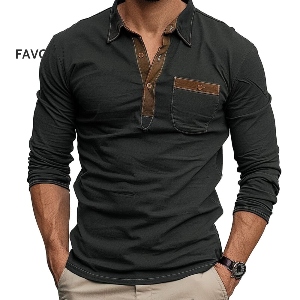 Men&rsquo;s Casual Long Sleeve T-Shirt Cotton Retro Pocket Polo T-Shirt Black / S