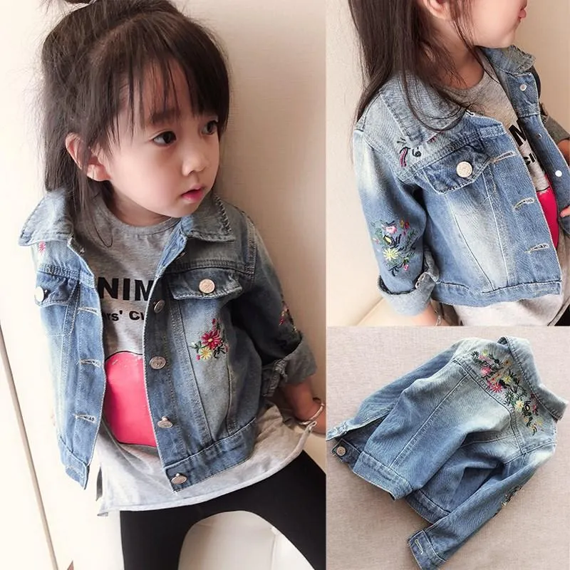 2-7T Floral Denim Jackets For Girls Toddler Kid Baby Girl Spring Clothes Long Sleeve Cute Sweet Back Flower Print Coat Outwear